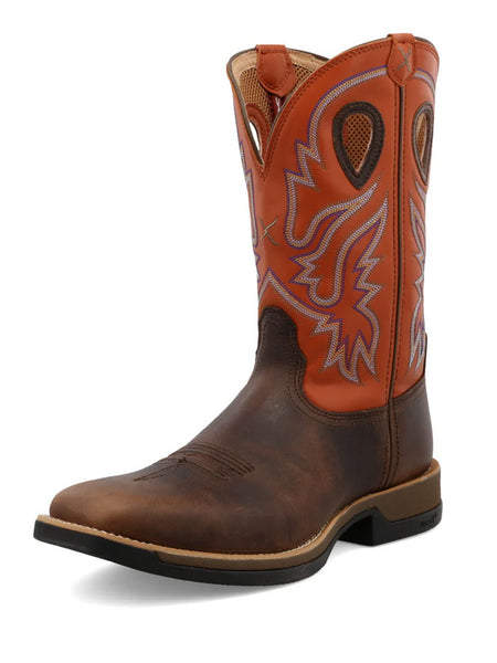 Twisted X MXW0006 Mens Tech X Work Boot Brown And Orange - A side / front view. If you need any assistance with this item or the purchase of this item please call us at five six one seven four eight eight eight zero one Monday through Saturday 10:00a.m EST to 8:00 p.m EST