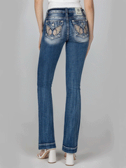 Miss Me M3080B39 Womens Pastel Angel Wing Bootcut Jean Blue back view. If you need any assistance with this item or the purchase of this item please call us at five six one seven four eight eight eight zero one Monday through Saturday 10:00a.m EST to 8:00 p.m EST