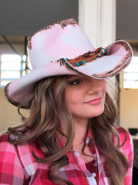 Dallas Hats MARYANN Barbwire Canvas Hat Pink on model. If you need any assistance with this item or the purchase of this item please call us at five six one seven four eight eight eight zero one Monday through Saturday 10:00a.m EST to 8:00 p.m EST
