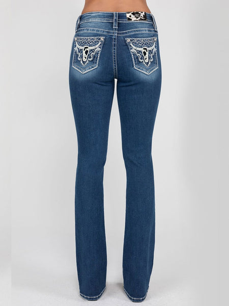 Miss Me M9251B Womens Mid Rise Bootcut Jeans Medium Blue back view. If you need any assistance with this item or the purchase of this item please call us at five six one seven four eight eight eight zero one Monday through Saturday 10:00a.m EST to 8:00 p.m EST