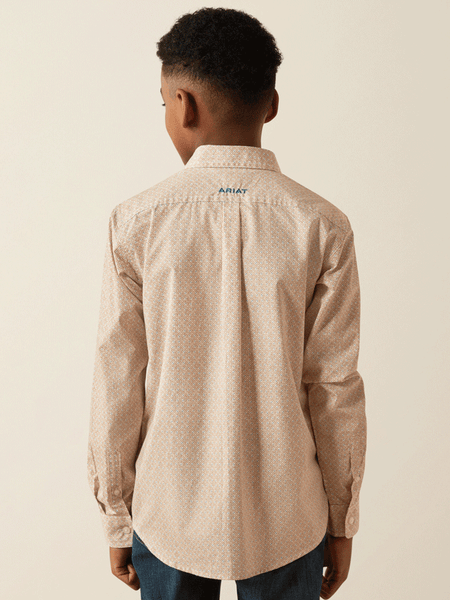 Ariat 10054790 Kids Johnny Classic Fit Shirt Tan back view. If you need any assistance with this item or the purchase of this item please call us at five six one seven four eight eight eight zero one Monday through Saturday 10:00a.m EST to 8:00 p.m EST