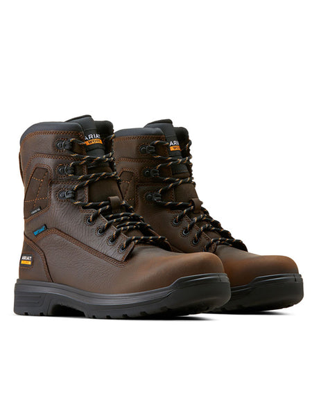 Ariat 10050823 Mens Turbo 8 H2O Carbon Toe Waterproof Boot Rich Brown pair view. If you need any assistance with this item or the purchase of this item please call us at five six one seven four eight eight eight zero one Monday through Saturday 10:00a.m EST to 8:00 p.m EST