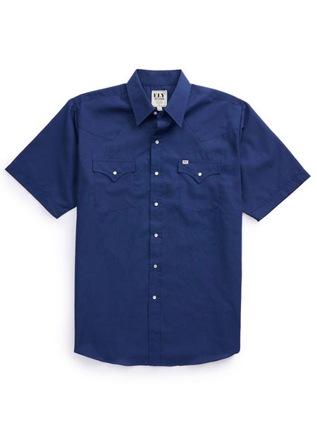 Ely Cattleman 201605-87 Mens Short Sleeve Solid Western Shirt Navy front view. If you need any assistance with this item or the purchase of this item please call us at five six one seven four eight eight eight zero one Monday through Saturday 10:00a.m EST to 8:00 p.m EST