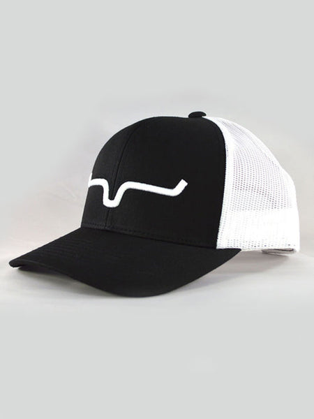 Kimes Ranch WEEKLY TRUCKER Mesh Back Cap Black And White side / front view. If you need any assistance with this item or the purchase of this item please call us at five six one seven four eight eight eight zero one Monday through Saturday 10:00a.m EST to 8:00 p.m EST