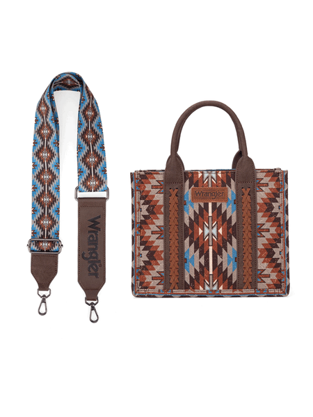 Wrangler WG2213-8120SCF Womens Southwestern Pattern Dual Sided Print Tote Crossbody Bag Coffee front view with strap on the side. If you need any assistance with this item or the purchase of this item please call us at five six one seven four eight eight eight zero one Monday through Saturday 10:00a.m EST to 8:00 p.m EST