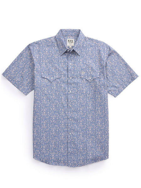 Ely Cattleman 2023115-NV Mens Short Sleeve Paisley Print Snap Shirt Navy front view. If you need any assistance with this item or the purchase of this item please call us at five six one seven four eight eight eight zero one Monday through Saturday 10:00a.m EST to 8:00 p.m EST