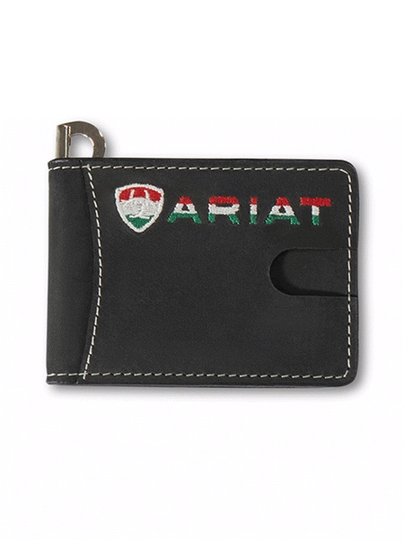Ariat A3555401 Mens Money Clip Wallet Mexico Flag Black front view closed. If you need any assistance with this item or the purchase of this item please call us at five six one seven four eight eight eight zero one Monday through Saturday 10:00a.m EST to 8:00 p.m EST