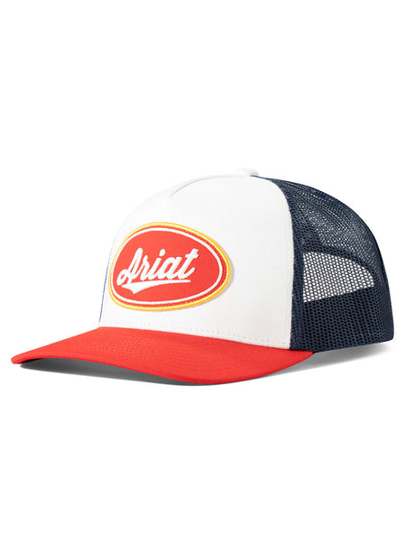 Ariat A3000877121 Oval Patch Cap White And Navy side / front view. If you need any assistance with this item or the purchase of this item please call us at five six one seven four eight eight eight zero one Monday through Saturday 10:00a.m EST to 8:00 p.m EST