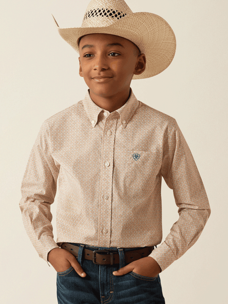 Ariat 10054790 Kids Johnny Classic Fit Shirt Tan front view. If you need any assistance with this item or the purchase of this item please call us at five six one seven four eight eight eight zero one Monday through Saturday 10:00a.m EST to 8:00 p.m EST