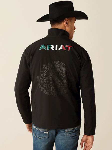 Ariat 10054234 Mens Pioneer StretchShell Mexico Jacket Black back. If you need any assistance with this item or the purchase of this item please call us at five six one seven four eight eight eight zero one Monday through Saturday 10:00a.m EST to 8:00 p.m EST