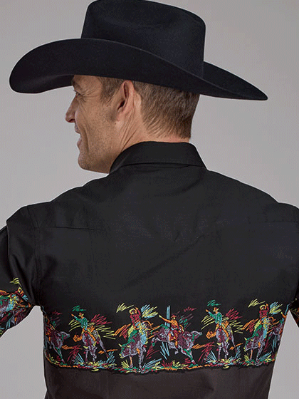 Roper 03-001-0421-0107 Mens Vintage Style Border Print Long Sleeve Shirt Black back. If you need any assistance with this item or the purchase of this item please call us at five six one seven four eight eight eight zero one Monday through Saturday 10:00a.m EST to 8:00 p.m EST