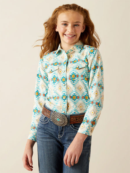 Ariat 10060390 Kids Remy Long Sleeve Snap Shirt Cayo Print Turquoise front view. If you need any assistance with this item or the purchase of this item please call us at five six one seven four eight eight eight zero one Monday through Saturday 10:00a.m EST to 8:00 p.m EST