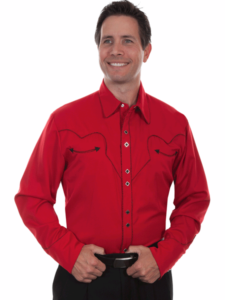 Scully P-726-CRI Mens Solid Western Shirt Crimson Red front view. If you need any assistance with this item or the purchase of this item please call us at five six one seven four eight eight eight zero one Monday through Saturday 10:00a.m EST to 8:00 p.m EST