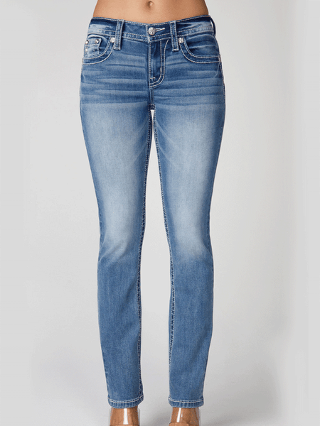 Miss Me M3080B72L Womens Mid Rise Slim Fit Boot Jean Medium Blue front view. If you need any assistance with this item or the purchase of this item please call us at five six one seven four eight eight eight zero one Monday through Saturday 10:00a.m EST to 8:00 p.m EST