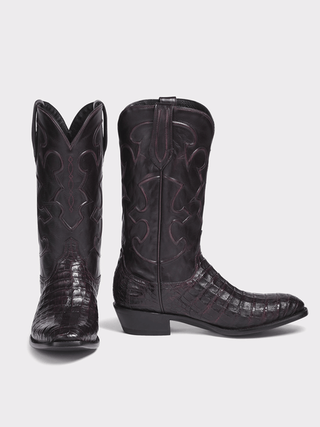 Lucchese M1637.14 Mens CHARLES Belly Caiman Boots Black Cherry front and inner side view. If you need any assistance with this item or the purchase of this item please call us at five six one seven four eight eight eight zero one Monday through Saturday 10:00a.m EST to 8:00 p.m EST