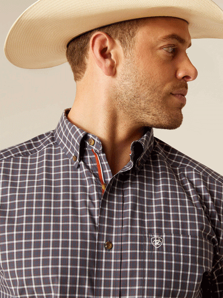 Ariat 10048428 Mens Pro Series Dakota Classic Fit Short Sleeve Shirt Blue Indigo close up of front. If you need any assistance with this item or the purchase of this item please call us at five six one seven four eight eight eight zero one Monday through Saturday 10:00a.m EST to 8:00 p.m EST