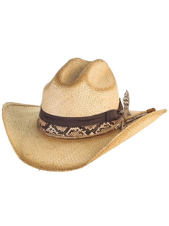 Bullhide TOUCH THE GROUND 5123 Genuine Panama Straw Hat Natural Distressed side / front view. If you need any assistance with this item or the purchase of this item please call us at five six one seven four eight eight eight zero one Monday through Saturday 10:00a.m EST to 8:00 p.m EST