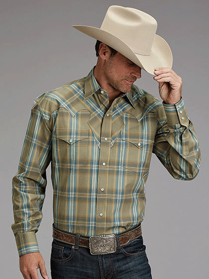 Stetson 11-001-0478-2041 Mens Ridge Plaid Long Sleeve Western Shirt Dark Khaki front view. If you need any assistance with this item or the purchase of this item please call us at five six one seven four eight eight eight zero one Monday through Saturday 10:00a.m EST to 8:00 p.m EST