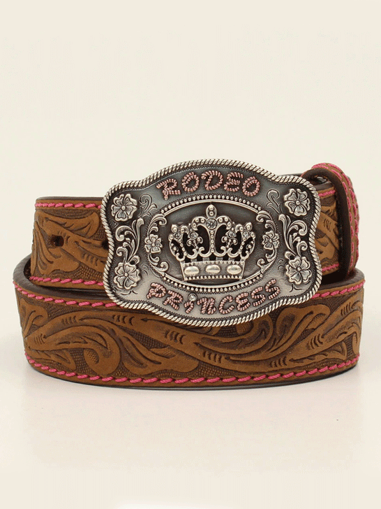 Angel Ranch D130002034 Kids Tooled Floral Lace Stitch Belt Brown front view. If you need any assistance with this item or the purchase of this item please call us at five six one seven four eight eight eight zero one Monday through Saturday 10:00a.m EST to 8:00 p.m EST