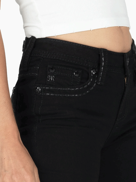 Miss Me M5014B397 Womens Classic Mid Rise Bootcut Jean Black front pocket close up view. If you need any assistance with this item or the purchase of this item please call us at five six one seven four eight eight eight zero one Monday through Saturday 10:00a.m EST to 8:00 p.m EST
