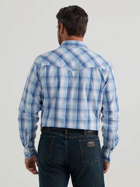 Wrangler 112344707 Mens 20X Competition Western Shirt Blue Gradient back view. If you need any assistance with this item or the purchase of this item please call us at five six one seven four eight eight eight zero one Monday through Saturday 10:00a.m EST to 8:00 p.m EST