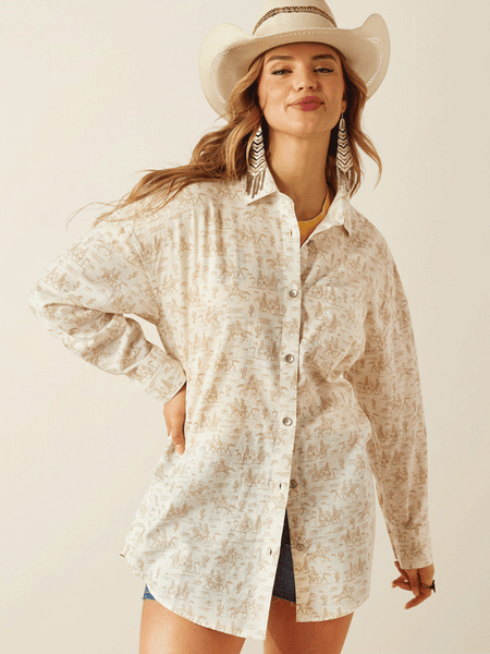 Ariat 10060393 Womens Poppy Summer Overshirt Shirt Comic Toile Natural front view buttoned. If you need any assistance with this item or the purchase of this item please call us at five six one seven four eight eight eight zero one Monday through Saturday 10:00a.m EST to 8:00 p.m EST