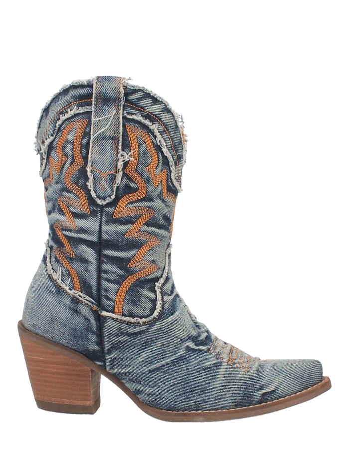 Dingo DI950-BL Womens Y'ALL NEED DOLLY Western Fashion Boot Denim Blue front and side view. If you need any assistance with this item or the purchase of this item please call us at five six one seven four eight eight eight zero one Monday through Saturday 10:00a.m EST to 8:00 p.m EST