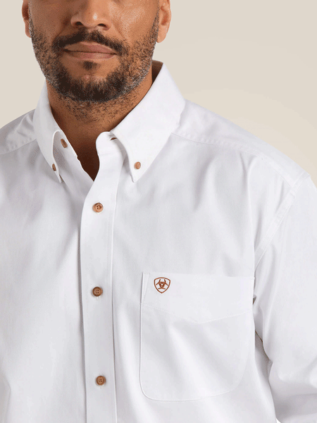 Ariat 10000503 Mens Solid Twill Classic Fit Shirt White front close up. If you need any assistance with this item or the purchase of this item please call us at five six one seven four eight eight eight zero one Monday through Saturday 10:00a.m EST to 8:00 p.m EST