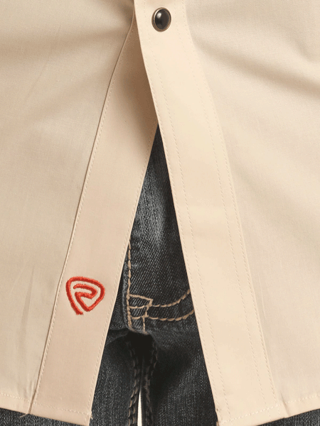 Rock & Roll Denim BMN2S03360 Mens Long Sleeve Embroidery Snap Shirt Beige close up view of fabric. If you need any assistance with this item or the purchase of this item please call us at five six one seven four eight eight eight zero one Monday through Saturday 10:00a.m EST to 8:00 p.m EST