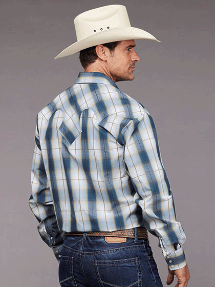 Stetson 11-001-0478-5016 Mens Dobby Plaid Western Shirt Blue back view. If you need any assistance with this item or the purchase of this item please call us at five six one seven four eight eight eight zero one Monday through Saturday 10:00a.m EST to 8:00 p.m EST