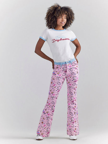 Wrangler 112345041 Womens BARBIE Retro High Rise Trouser Jean Pinnacle Pink front view. If you need any assistance with this item or the purchase of this item please call us at five six one seven four eight eight eight zero one Monday through Saturday 10:00a.m EST to 8:00 p.m EST