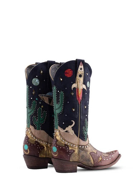Old Gringo L3576-SEP28 Womens GALACTIC BUCKAROO Leather Boot Chocolate side and back view. If you need any assistance with this item or the purchase of this item please call us at five six one seven four eight eight eight zero one Monday through Saturday 10:00a.m EST to 8:00 p.m EST