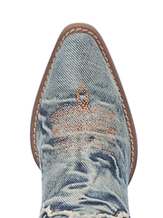 Dingo DI950-BL Womens Y'ALL NEED DOLLY Western Fashion Boot Denim Blue toe view from above. If you need any assistance with this item or the purchase of this item please call us at five six one seven four eight eight eight zero one Monday through Saturday 10:00a.m EST to 8:00 p.m EST