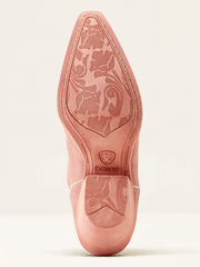 Ariat 10050900 Womens Chandler Western Boot Carnation Pink Suede sole view. If you need any assistance with this item or the purchase of this item please call us at five six one seven four eight eight eight zero one Monday through Saturday 10:00a.m EST to 8:00 p.m EST