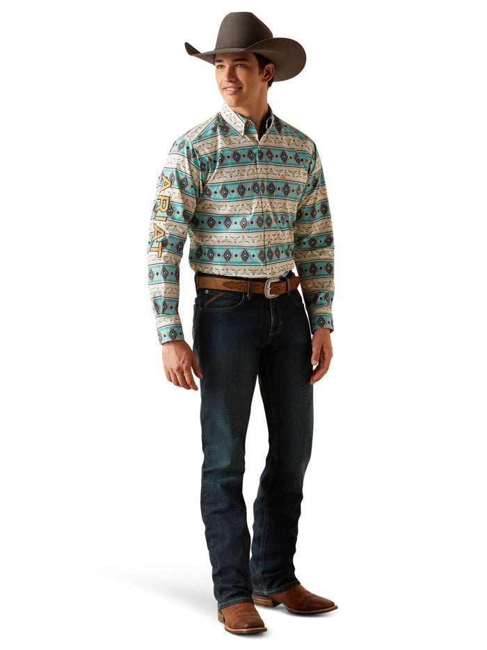 Ariat 10047347 Mens Team Cruz Fitted Shirt Sandshell  Teal front view. If you need any assistance with this item or the purchase of this item please call us at five six one seven four eight eight eight zero one Monday through Saturday 10:00a.m EST to 8:00 p.m EST