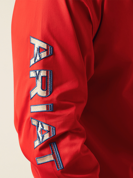 Ariat 10055236 Mens Team Logo Twill Classic Fit Shirt Red sleeve view. If you need any assistance with this item or the purchase of this item please call us at five six one seven four eight eight eight zero one Monday through Saturday 10:00a.m EST to 8:00 p.m EST