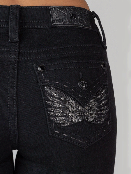 Miss Me M3080B50 Womens Mid-Rise Boot Jean Black back pocket close up. If you need any assistance with this item or the purchase of this item please call us at five six one seven four eight eight eight zero one Monday through Saturday 10:00a.m EST to 8:00 p.m EST