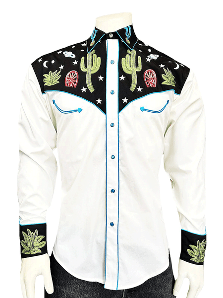 Rockmount 6707-BLK Mens Cactus & Stars Chain Stitch Embroidered Western Shirt Black front view. If you need any assistance with this item or the purchase of this item please call us at five six one seven four eight eight eight zero one Monday through Saturday 10:00a.m EST to 8:00 p.m EST