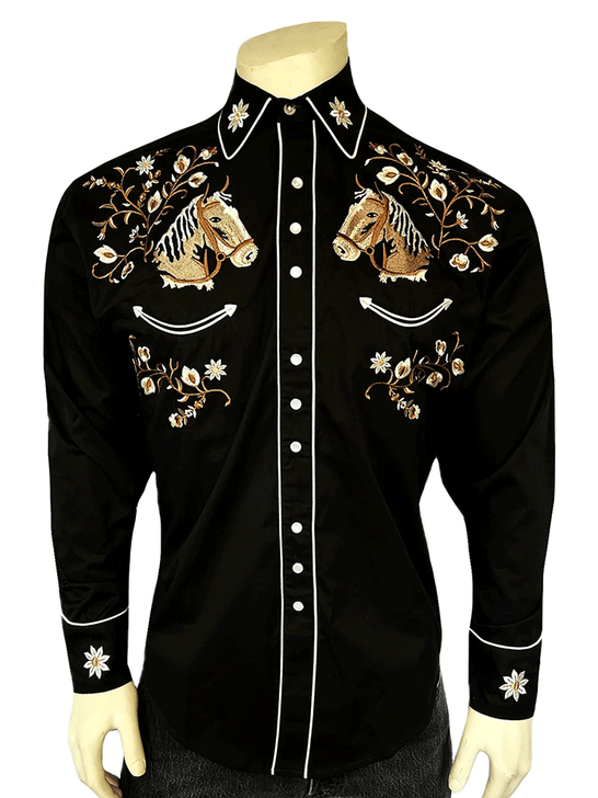 Rockmount 6728-BLK Mens Vintage Horsehead & Floral Embroidered Western Shirt Black front view. If you need any assistance with this item or the purchase of this item please call us at five six one seven four eight eight eight zero one Monday through Saturday 10:00a.m EST to 8:00 p.m EST