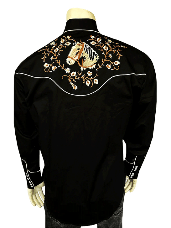 Rockmount 6728-BLK Mens Vintage Horsehead & Floral Embroidered Western Shirt Black back view. If you need any assistance with this item or the purchase of this item please call us at five six one seven four eight eight eight zero one Monday through Saturday 10:00a.m EST to 8:00 p.m EST