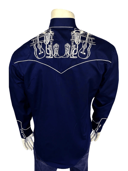 Rockmount 6734-NVY Mens Guitar Boot And Hat Embroidered Western Shirt Navy back view. If you need any assistance with this item or the purchase of this item please call us at five six one seven four eight eight eight zero one Monday through Saturday 10:00a.m EST to 8:00 p.m EST