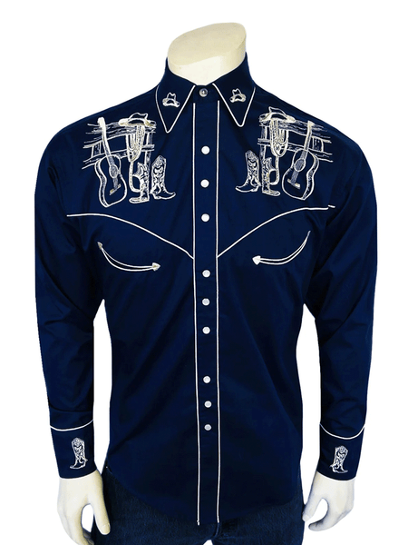 Rockmount 6734-NVY Mens Guitar Boot And Hat Embroidered Western Shirt Navy front view. If you need any assistance with this item or the purchase of this item please call us at five six one seven four eight eight eight zero one Monday through Saturday 10:00a.m EST to 8:00 p.m EST
