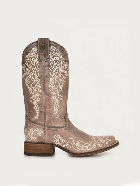 Corral A2663 Ladies Crater Bone Embroidery Square Toe Boot Brown side view. If you need any assistance with this item or the purchase of this item please call us at five six one seven four eight eight eight zero one Monday through Saturday 10:00a.m EST to 8:00 p.m EST
