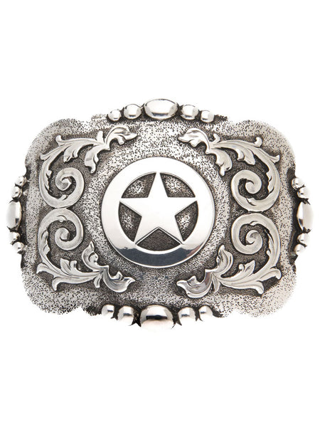 AndWest HC524 Cabrillo Texas Star Etching And Scrolls Buckle Silver front view. If you need any assistance with this item or the purchase of this item please call us at five six one seven four eight eight eight zero one Monday through Saturday 10:00a.m EST to 8:00 p.m EST