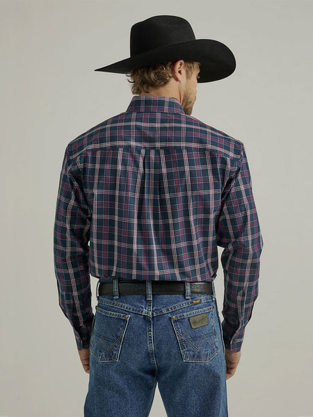 Wrangler 112331817 Mens George Strait Long Sleeve Shirt Navy Fuschia Plaid back view. If you need any assistance with this item or the purchase of this item please call us at five six one seven four eight eight eight zero one Monday through Saturday 10:00a.m EST to 8:00 p.m EST