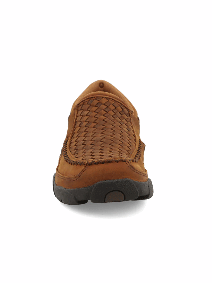 Twisted X MDMS017 Mens Slip On Driving Moc Oiled Saddle And Brown front and side view. If you need any assistance with this item or the purchase of this item please call us at five six one seven four eight eight eight zero one Monday through Saturday 10:00a.m EST to 8:00 p.m EST
