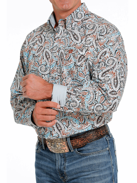 Cinch MTW1105618 Mens Long Sleeve Button Down Western Shirt Paisley Multicolor alternate dron view with cuff showing contrast color. If you need any assistance with this item or the purchase of this item please call us at five six one seven four eight eight eight zero one Monday through Saturday 10:00a.m EST to 8:00 p.m EST