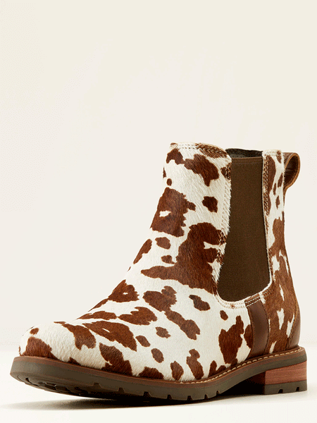 Ariat 10050915 Womens Wexford Chelsea Ankle Boot Cow Hair On Brown front and outter side view. If you need any assistance with this item or the purchase of this item please call us at five six one seven four eight eight eight zero one Monday through Saturday 10:00a.m EST to 8:00 p.m EST