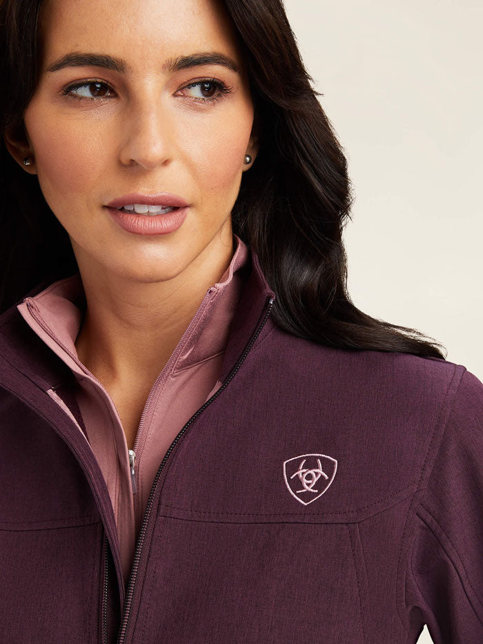 Ariat 10041279 Womens New Team Softshell Jacket Mulberry Heather front and sleeve view. If you need any assistance with this item or the purchase of this item please call us at five six one seven four eight eight eight zero one Monday through Saturday 10:00a.m EST to 8:00 p.m EST