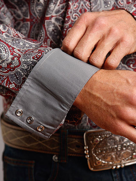Stetson 11-001-0425-0366 Mens Medallion Paisley Western Shirt Wine Burgundy cuff close up. If you need any assistance with this item or the purchase of this item please call us at five six one seven four eight eight eight zero one Monday through Saturday 10:00a.m EST to 8:00 p.m EST